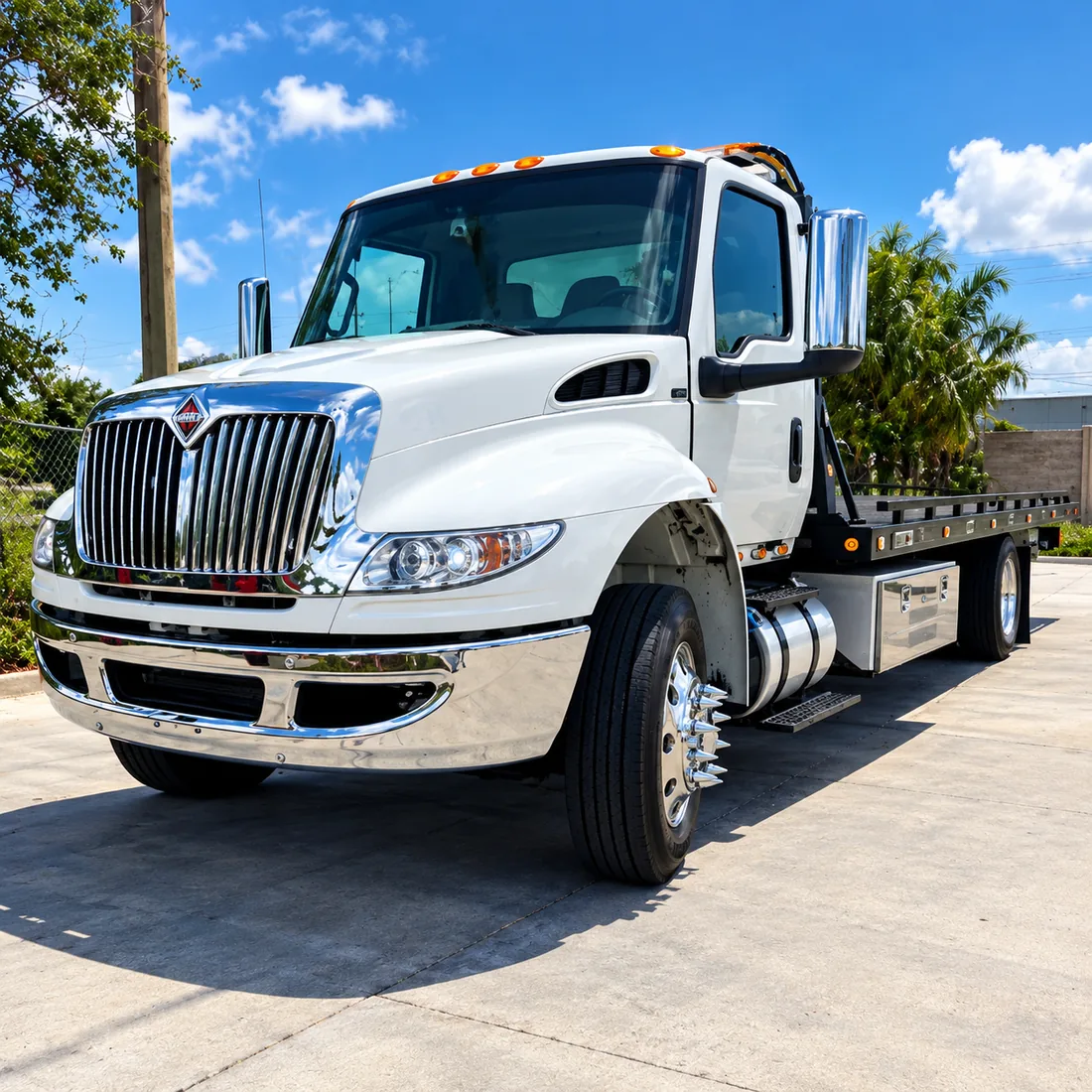 Grúa de plataforma lista para remolcar un carro chocado hasta J&B Auto Repair en Hialeah Gardens